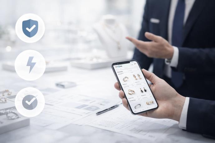 Comercial de joyería mostrando catálogo digital en iPad sin cargar muestrarios físicos