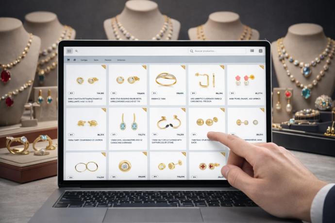 Fabricante de joyería gestionando su catálogo digital con software netJOYA