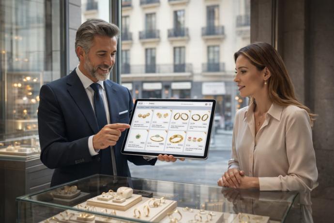 Distribuidor mayorista de joyería presentando catálogo digital a cliente
