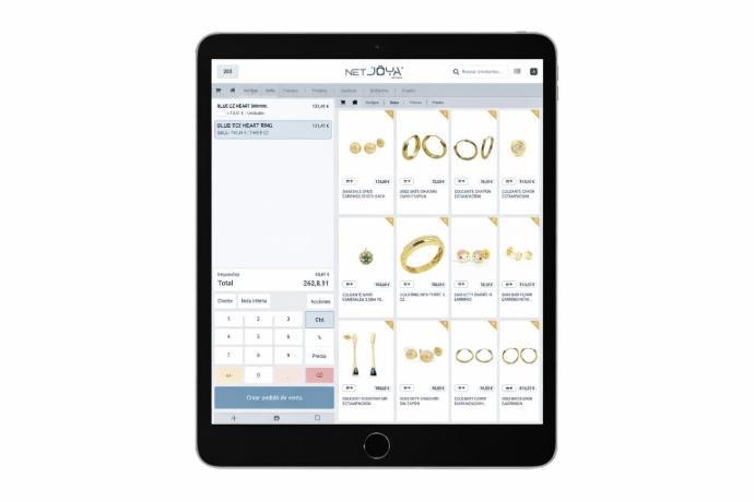 Catálogo digital de joyería netJOYA mostrando colección de anillos en iPad