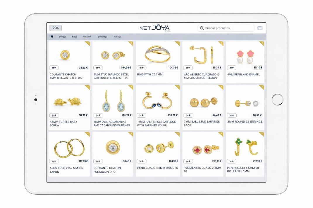 Catálogo digital de joyería con vista de productos en iPad
