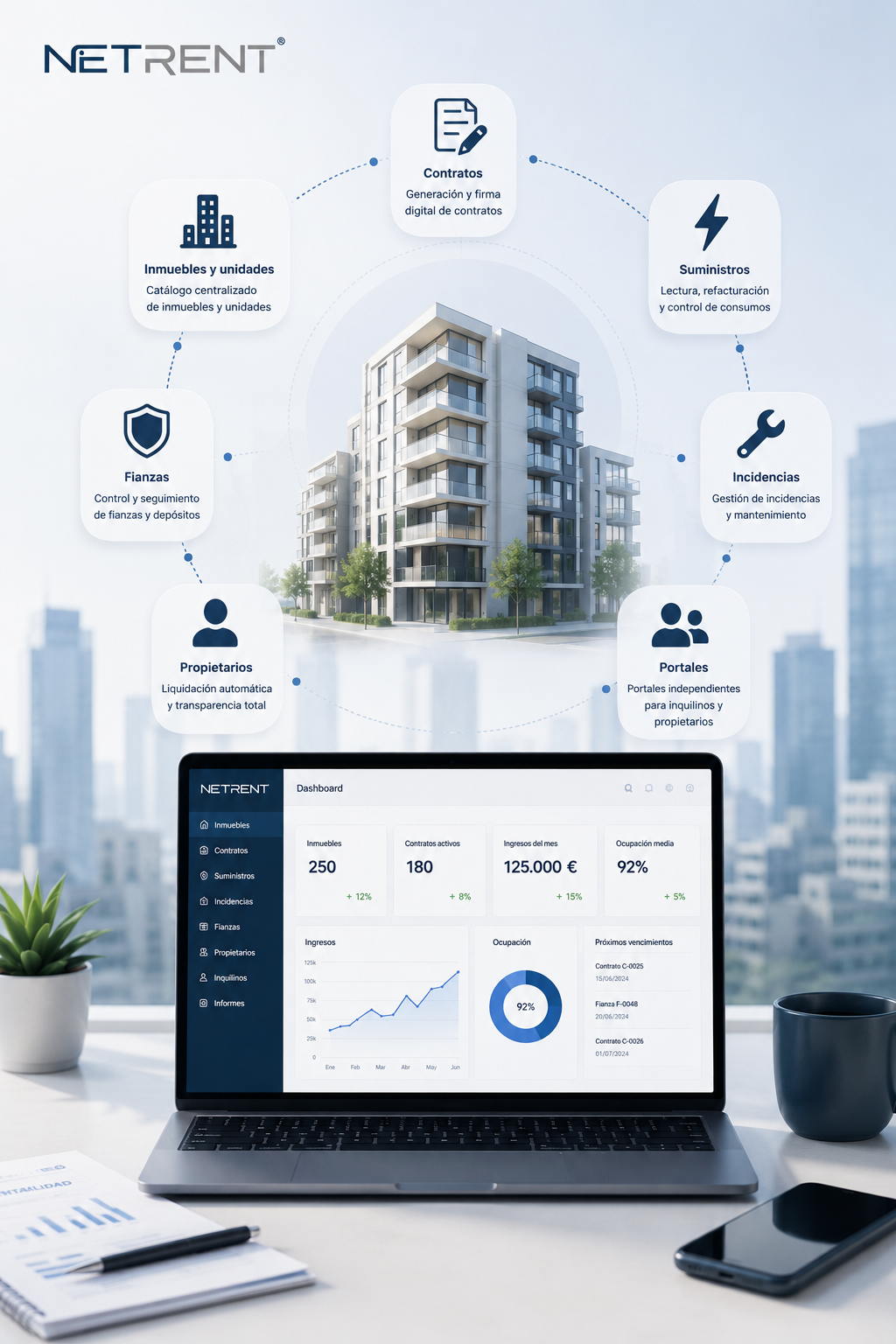 Software de gestión inmobiliaria con contratos, fianzas y portal del inquilino