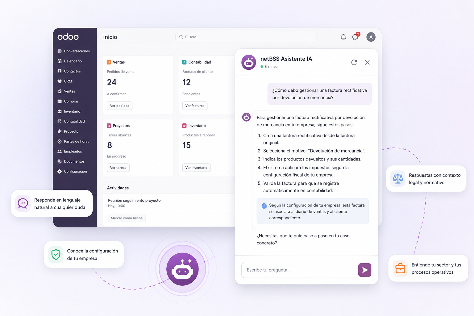 Asistente de inteligencia artificial dentro de Odoo. Especializado en diferentes verticales