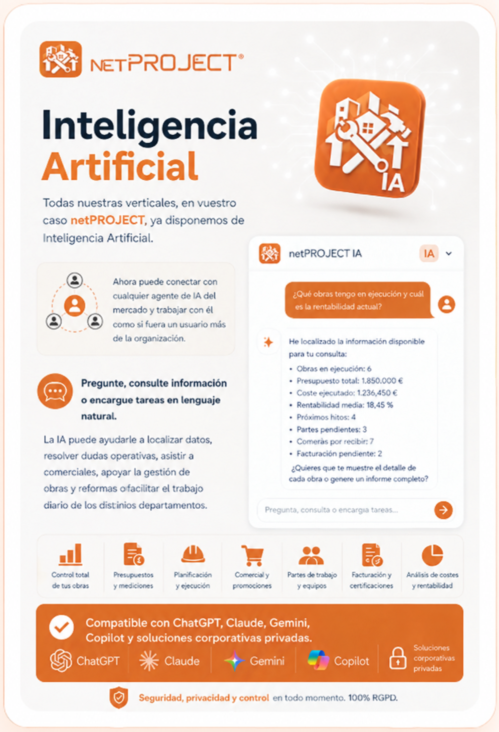 Asistente de inteligencia artificial integrado en netPROJECT dentro de Odoo para constructoras, reformas, obras, presupuestos, costes, certificaciones, partes de trabajo, facturación y rentabilidad